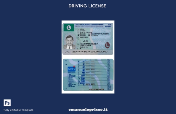 verified style Modello presente patente di guida irlandese (permesso per studente) stile verifi template